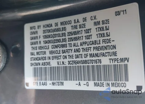 2011 Honda Cr-V Ex z USA, uszkodzony, nr VIN 3CZRE4H59BG701676